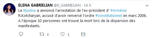 La justice a annoncé l’arrestation de l’ex-président d’Arménie