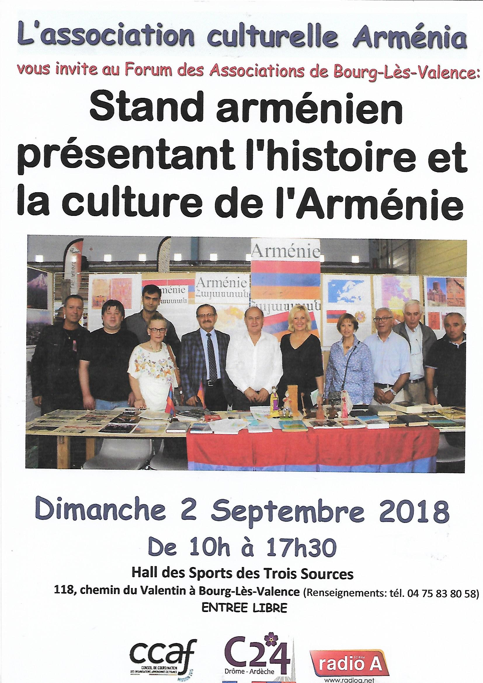 L’association culturelle « Arménia » présentera un stand dédié à l’Arménie au Forum des associations de Bourg-Lès-Valence