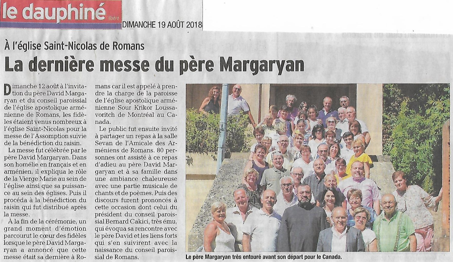 Le Dauphiné Libéré (édition de Valence): dernière messe pour le père David Margaryan à Romans