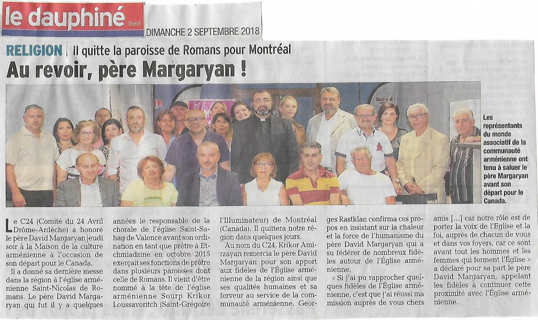 Le Dauphiné Libéré (édition de Valence): réception du C24 à Valence pour le départ du père David Margaryan à Montréal (Canada)