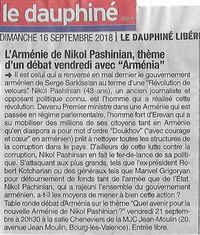 Le Dauphiné Libéré » (édition de Valence): « L’Arménie de Nikol Pashinian, thème d’un débat vendredi avec Arménia »