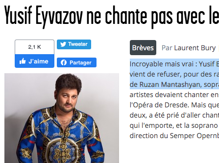 Yusif Eyvazov ne chante pas avec les Arméniens