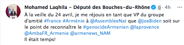 Mohamed Laqhila : « À la veille du 24 avril, je me réjouis que Joe Biden soit sur le point de reconnaître le génocide arménien »