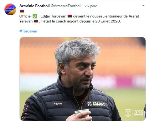 Edgar Torosyan devient le nouveau entraîneur de Ararat Yerevan