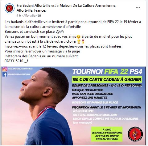 Les badanis d’alfortville vous invitent à participer au tournoi de FIFA 22 le 19 février à la maison de la culture arménienne d’alfortville