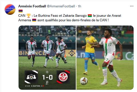 Le Burkina Faso et Zakaria Sanogo le joueur de Ararat Armenia sont qualifiés pour les demi-finales de la CAN !