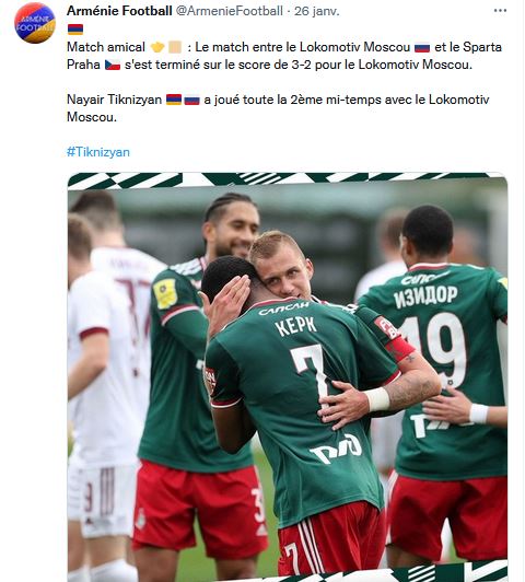 Nayair Tiknizyan a joué toute la 2ème mi-temps avec le Lokomotiv Moscou.