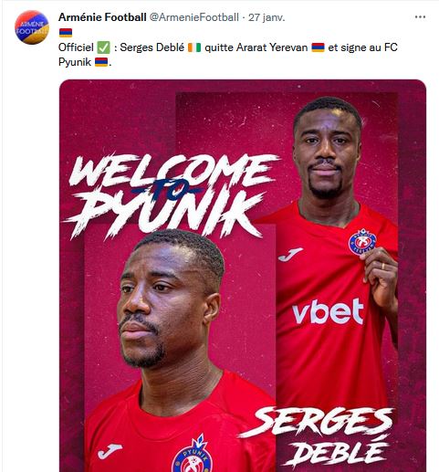 Serges Deblé quitte Ararat Yerevan et signe au FC Pyunik