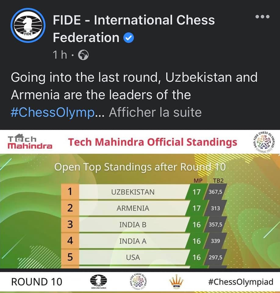 Arménie-Espagne pour le dernier tour des Olympiades des échecs à Chennai (Inde), une victoire de l’Arménie et un faux-pas de l’Ouzbékistan, l’Arménie remporterait ces Olympiades