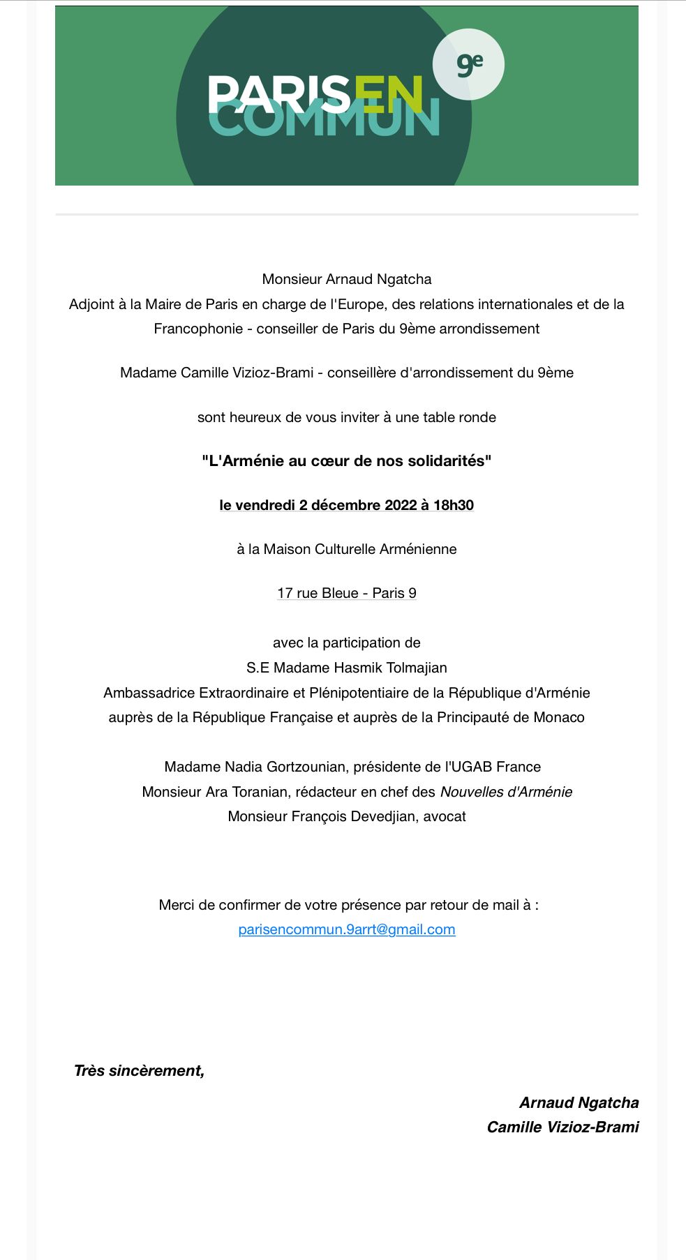 « L’Arménie au cœur de nos solidarités » avec SE H.Tolmajian, A.Ngatcha, N.Gortzounian,  F.Devedjian A.Toranian,