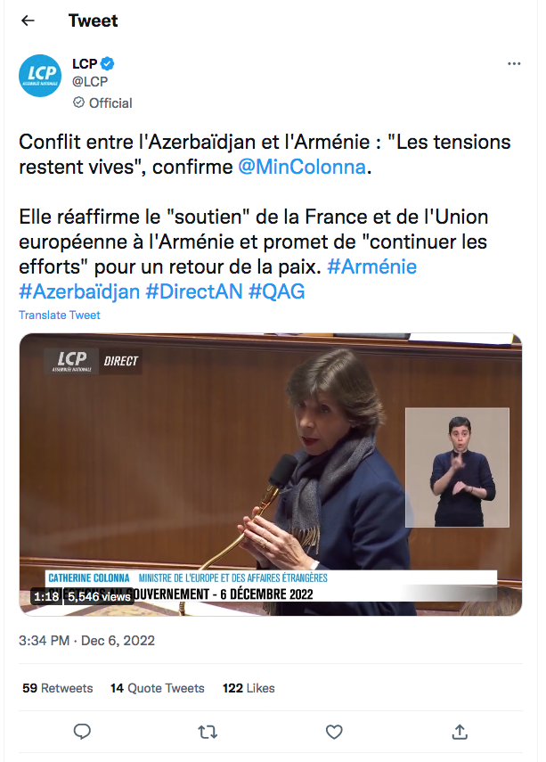 Répondant à JL Bourlanges Catherine Colonna réaffirme le soutien de la France à l’Arménie