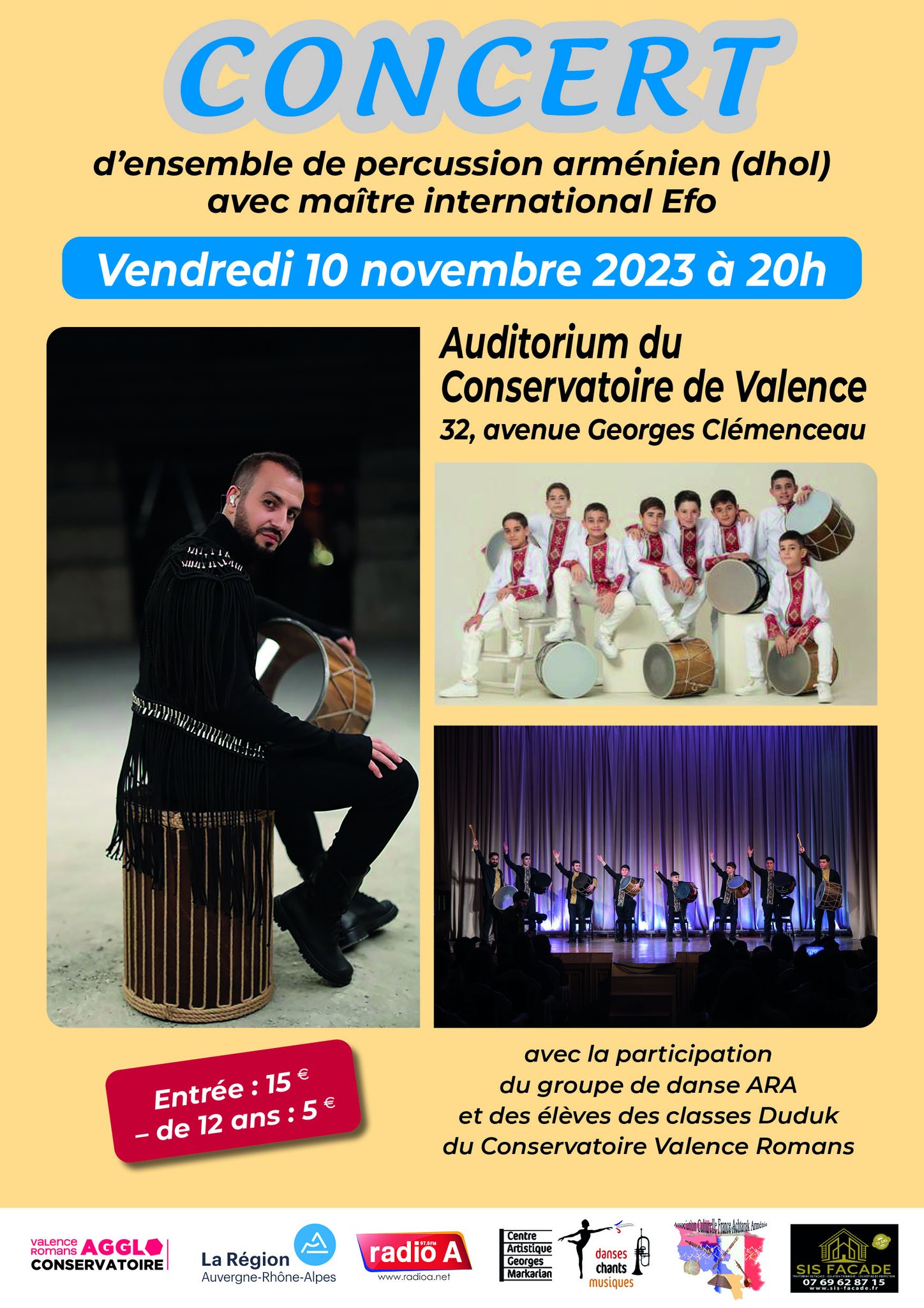 Concerts de l’ensemble de percussion arménien (dhol) à Villeurbanne le 7 novembre et Valence le 10 novembre