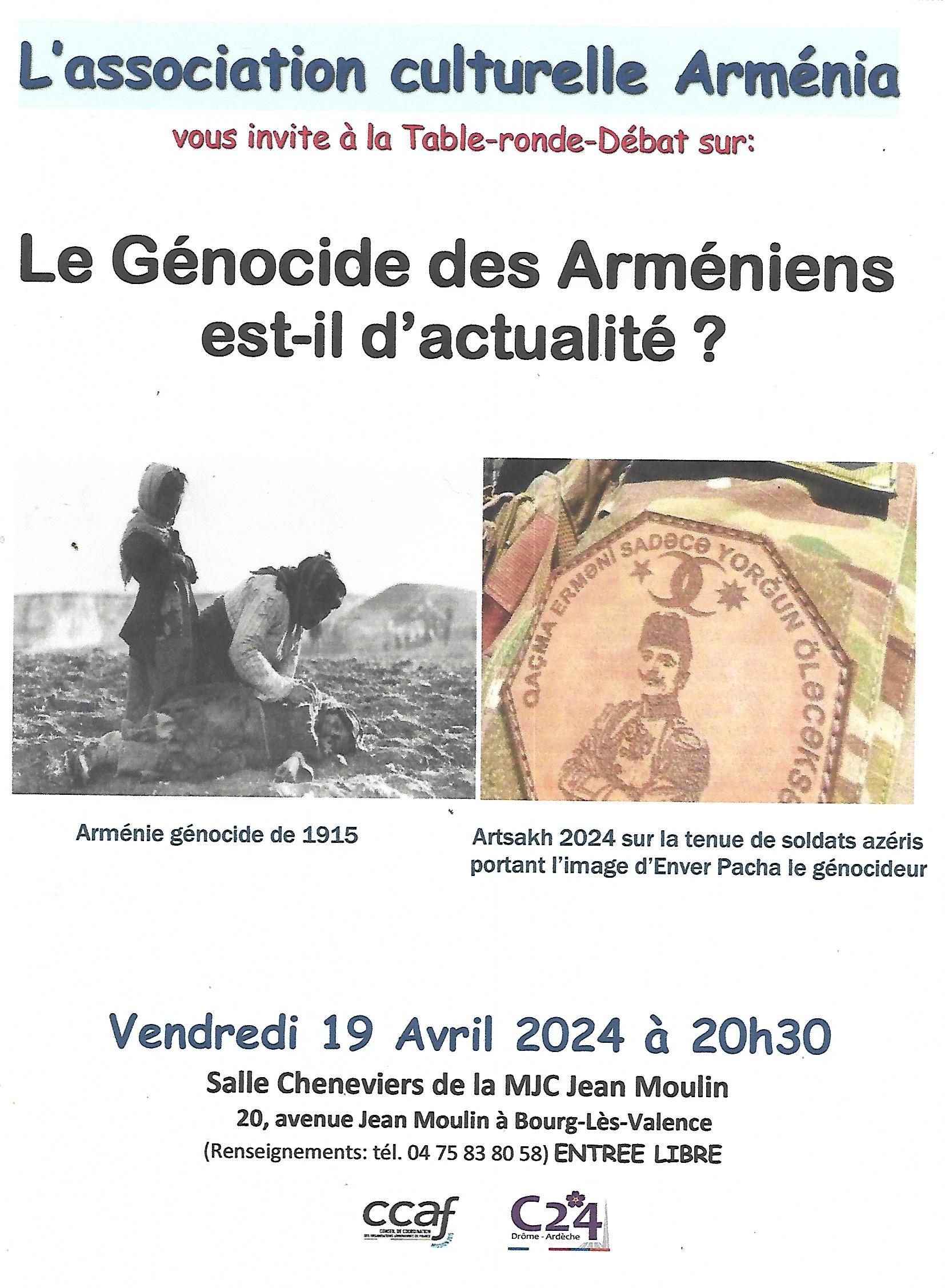 « Le Génocide des Arméniens est-il d’actualité ? » : débat d’« Arménia » Vendredi 19 Avril à Bourg-Lès-Valence