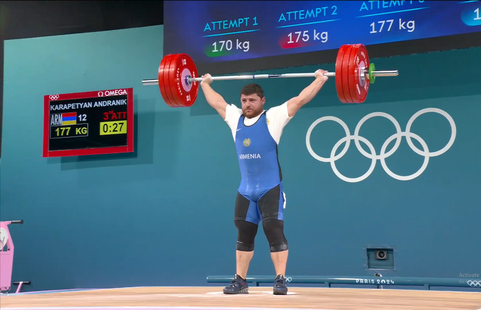 L’haltérophile Andranik Karapetyan (89 kg, Arménie) est 5ème après l’exercice de l’arraché