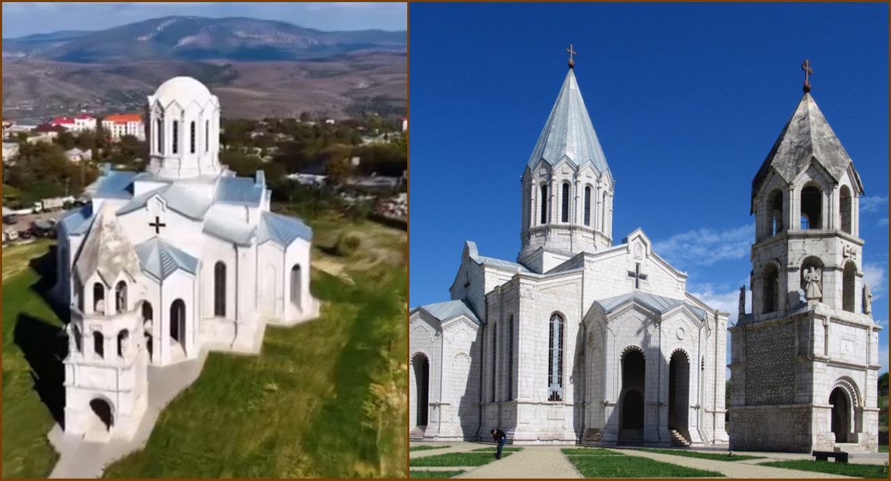 Après la « restauration » des Azerbaïdjanais, la cathédrale arménienne Saint Ghazanchetsots de Chouchi a été privé de son dôme et de ses croix