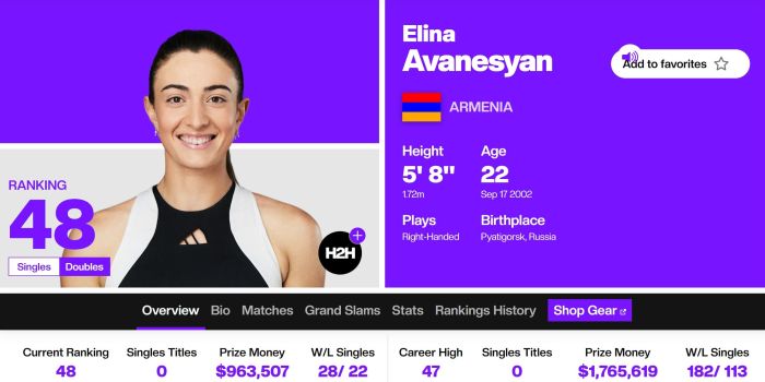 WTA. Elina Avanesyan (Arménie)…
					Article complet reservé aux abonnés