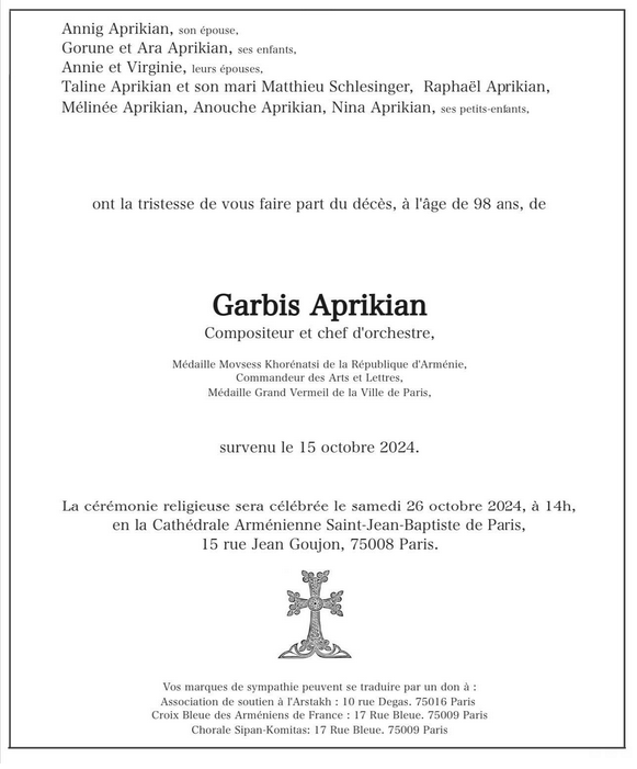 Obsèques de Garbis Aprikian…
					Article complet reservé aux abonnés