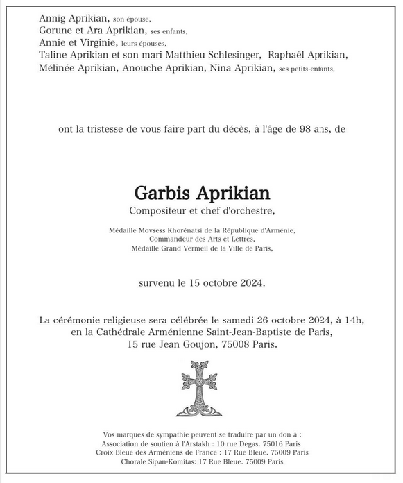 Obsèques de Garbis Aprikian…
					Article complet reservé aux abonnés